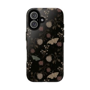 Gothic Floral Phone Case, Dark Rose Moth iPhone Case, Vintage Botanical Glossy Samsung Galaxy Cover, Black Romantic Aesthetic