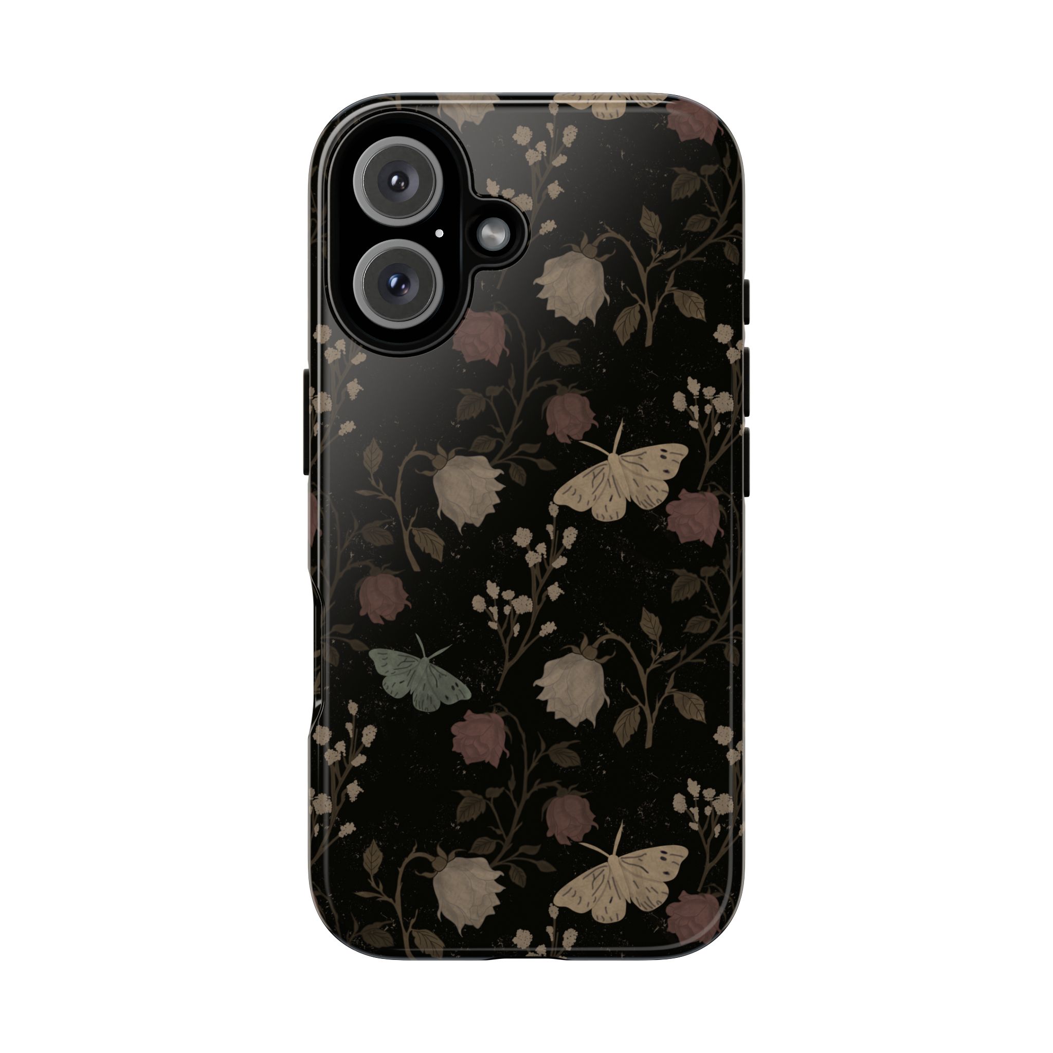 Gothic Floral Phone Case, Dark Rose Moth iPhone Case, Vintage Botanical Glossy Samsung Galaxy Cover, Black Romantic Aesthetic