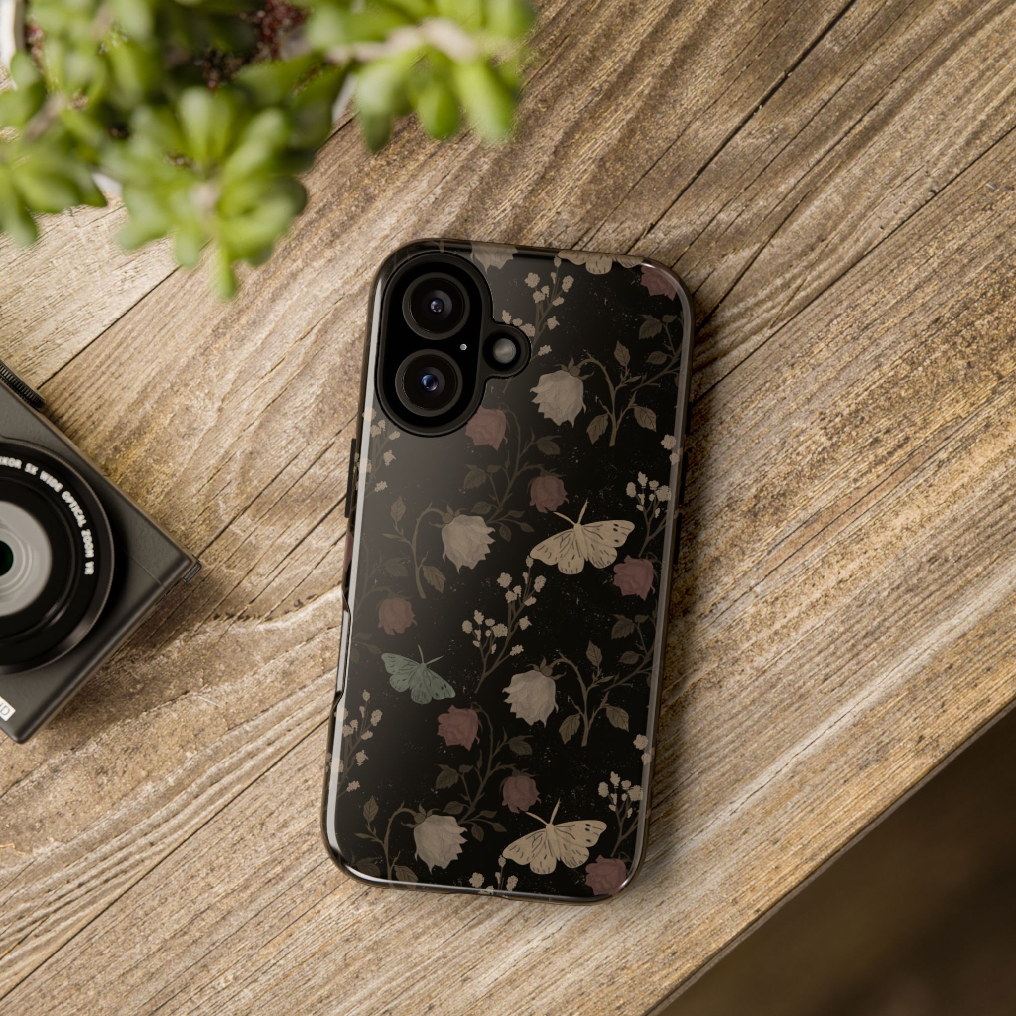 Gothic Floral Phone Case, Dark Rose Moth iPhone Case, Vintage Botanical Glossy Samsung Galaxy Cover, Black Romantic Aesthetic - Image 4