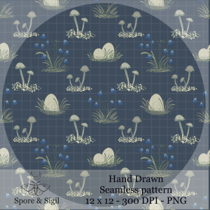 Woodland Mushroom & Bluebells Seamless Pattern – Moody Cottagecore Digital Download