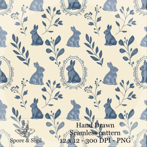Blue Vintage Bunny Seamless Pattern – Light Cottagecore Rabbit Digital Paper