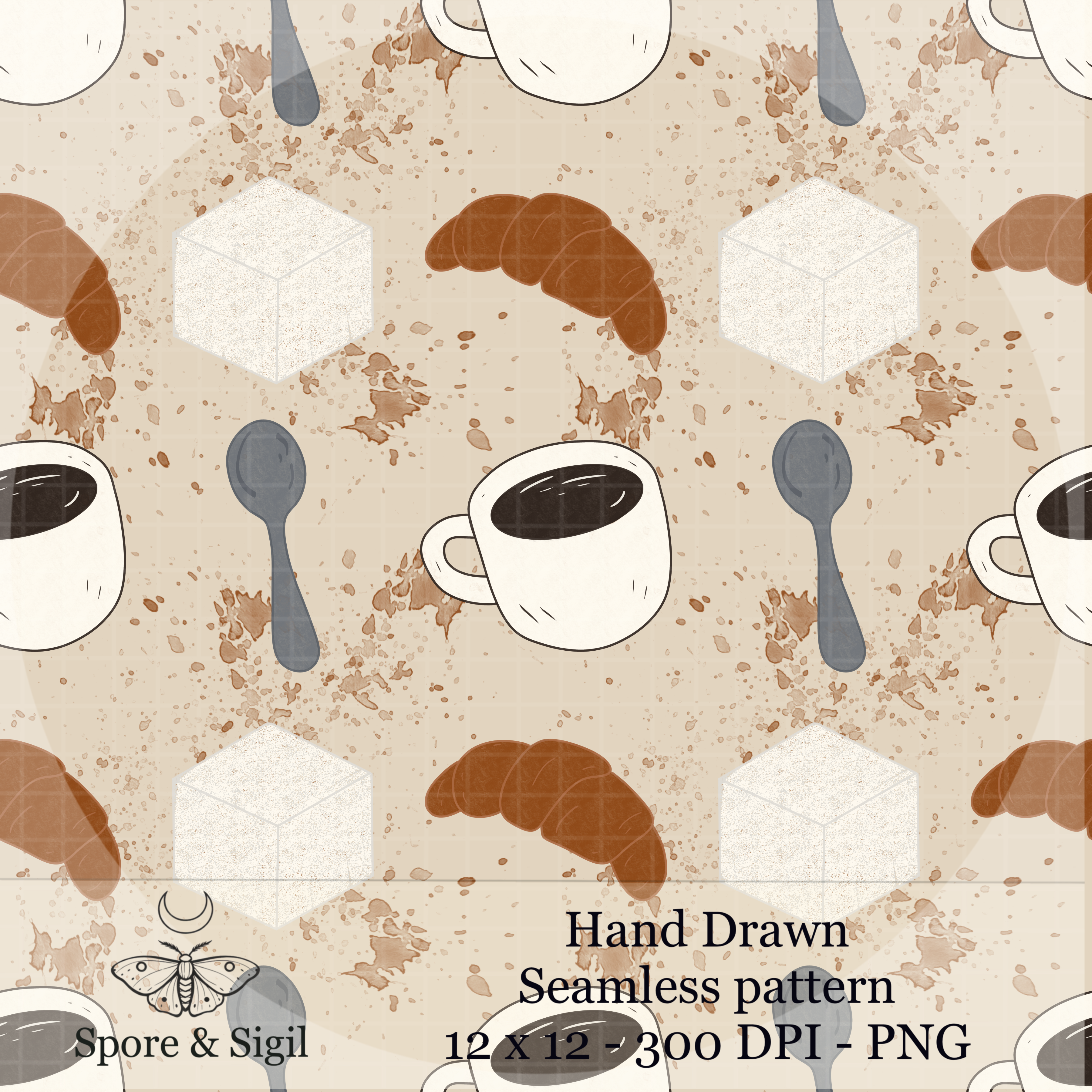 Breakfast Coffee Seamless Pattern – Hand Drawn Croissant & Cup PNG