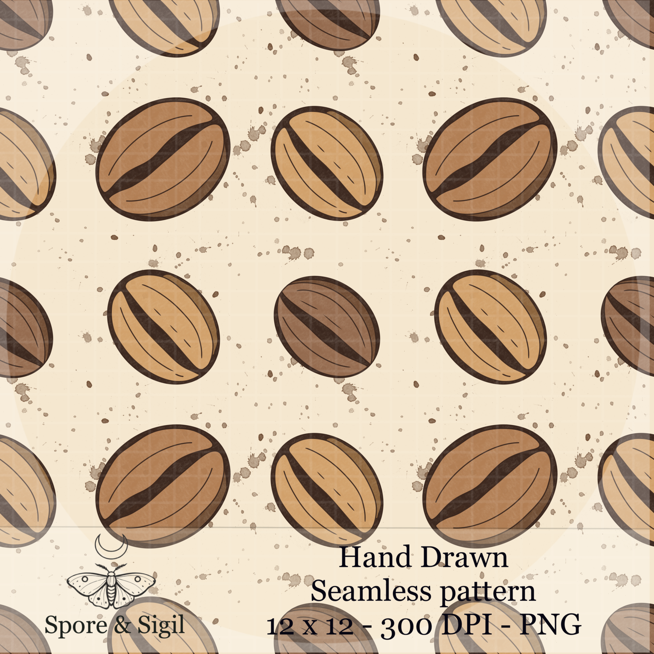 Minimal Coffee Bean Seamless Pattern – Hand Drawn Neutral PNG