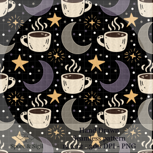 Celestial Coffee Seamless Pattern – Moon, Stars & Cups PNG