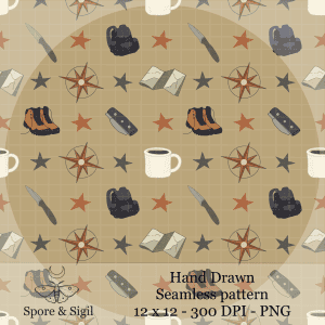 Hiking Adventure Seamless Pattern – Boots, Compass & Outdoor Gear PNG