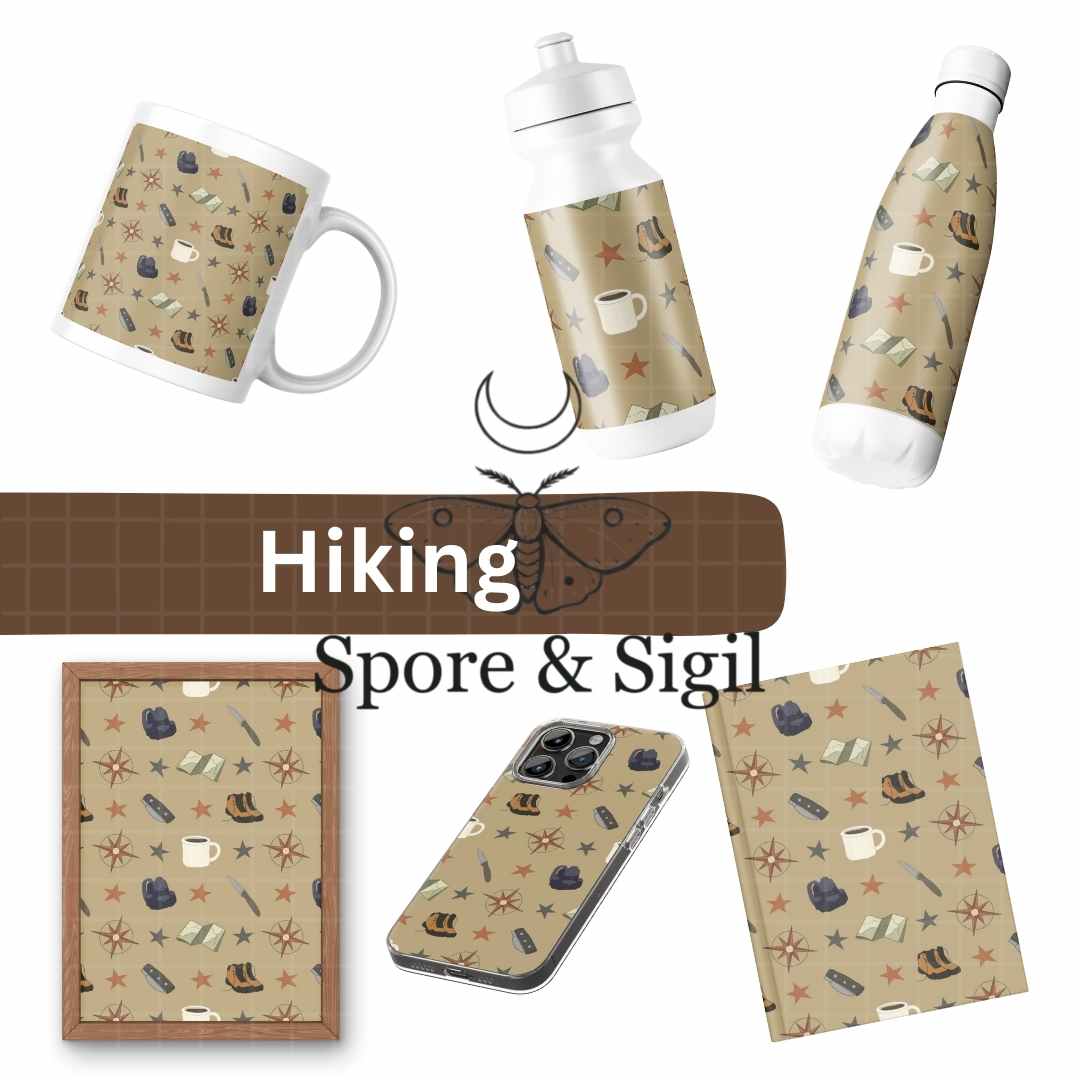 Hiking Adventure Seamless Pattern – Boots, Compass & Outdoor Gear PNG - Image 2