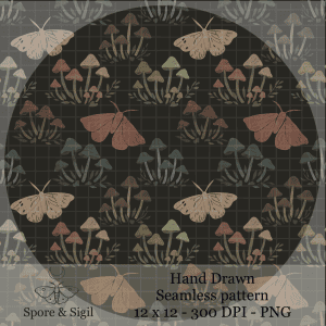 Woodland Moth & Mushroom Seamless Pattern