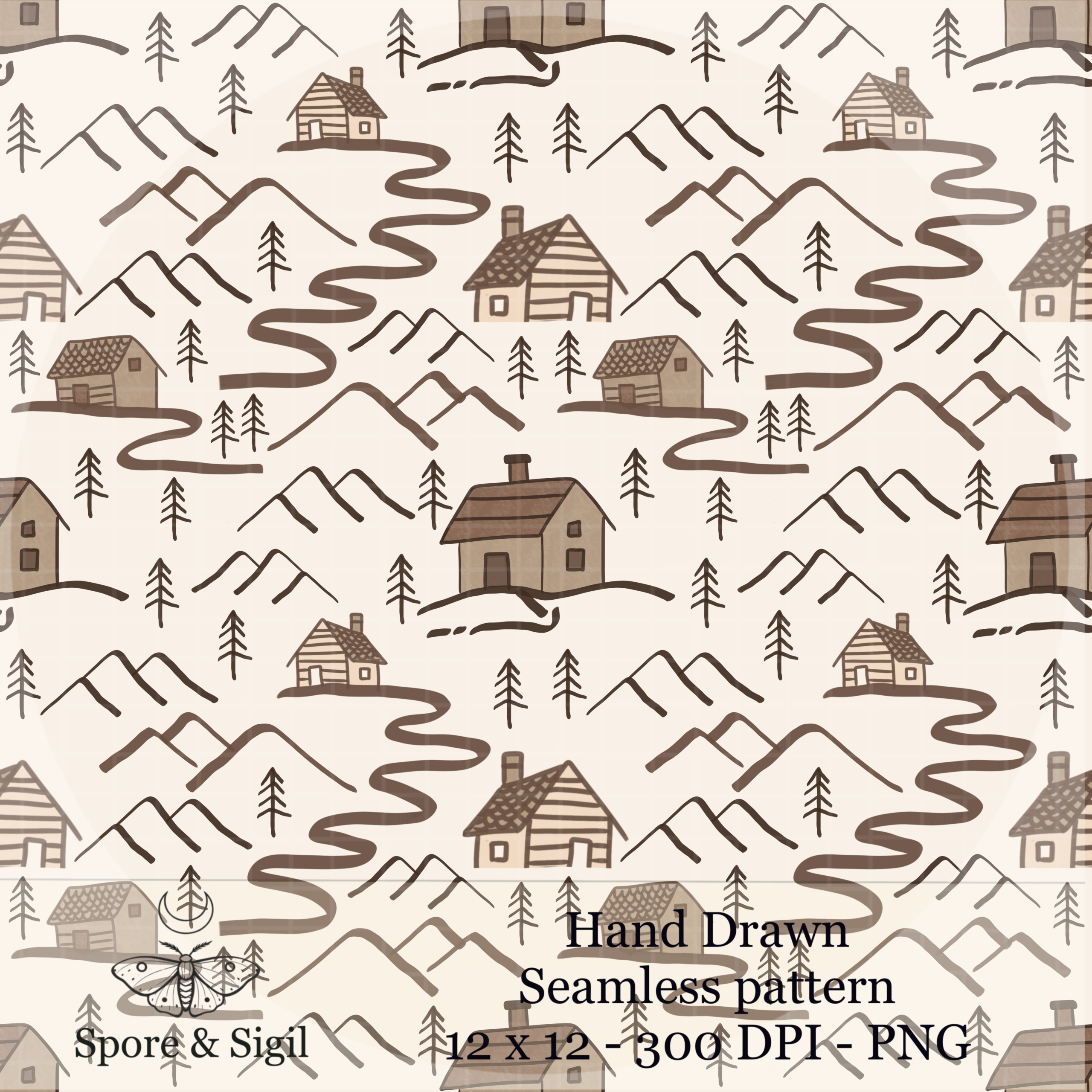 Mountain Cabin Seamless Pattern – Hand Drawn Rustic Landscape PNG