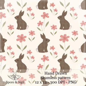Brown Bunny & Pink Floral Seamless Pattern – Spring Cottagecore Digital Download