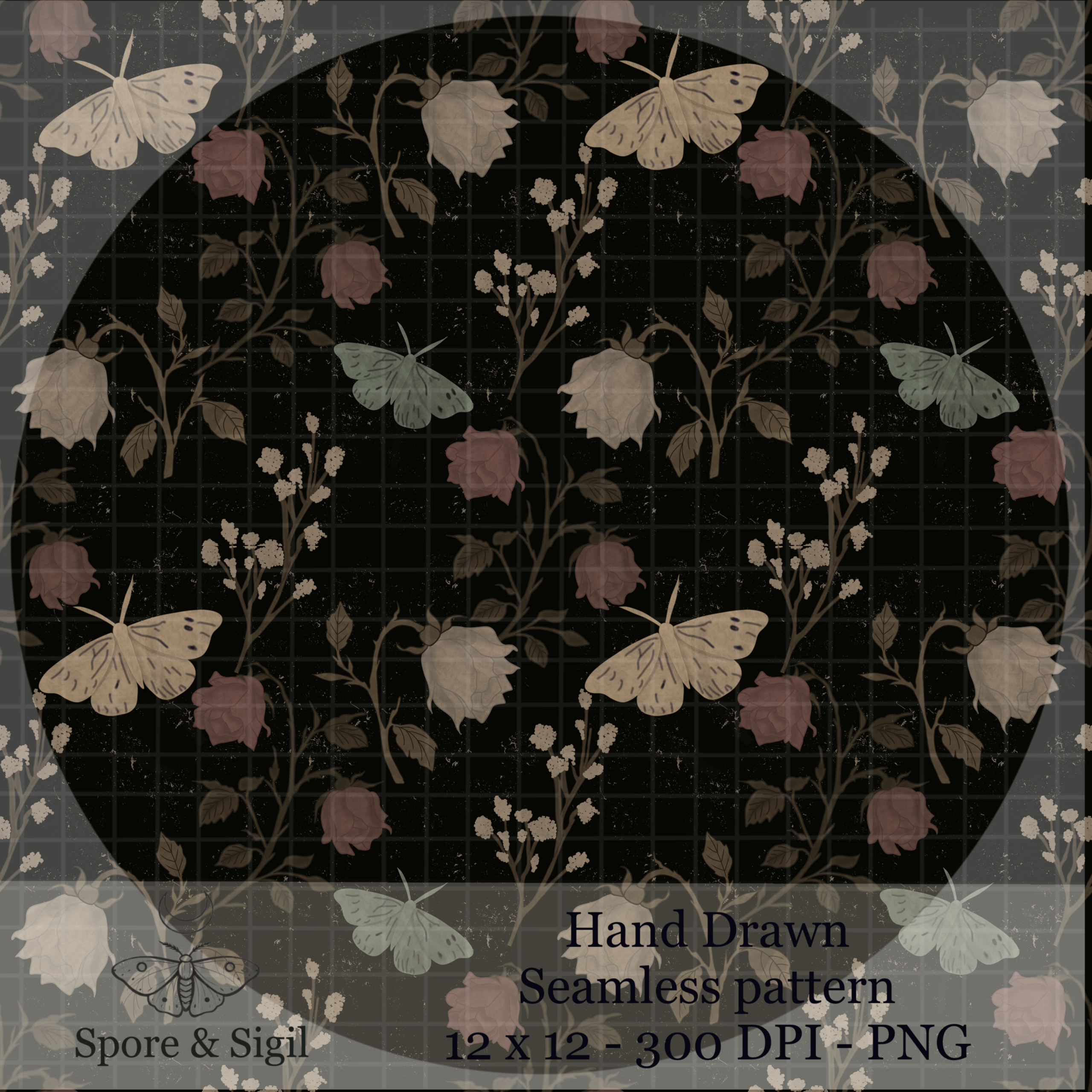 Dark Rose & Moth Seamless Pattern