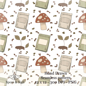 Mushroom & Seed Packet Garden Seamless Pattern – Cottage Garden Digital Download