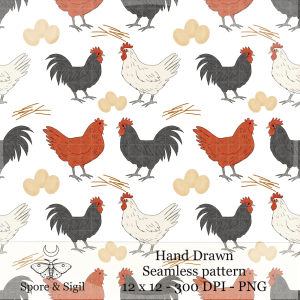 Chicken Farm Seamless Pattern – Rustic Roosters, Hens & Eggs Digital Surface Design (PNG)