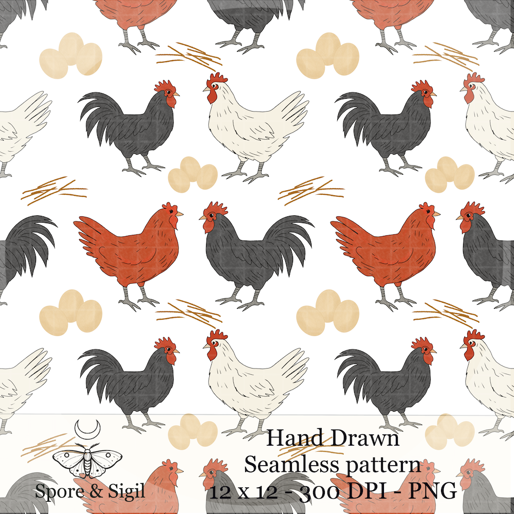 Chicken Farm Seamless Pattern – Rustic Roosters, Hens & Eggs Digital Surface Design (PNG)