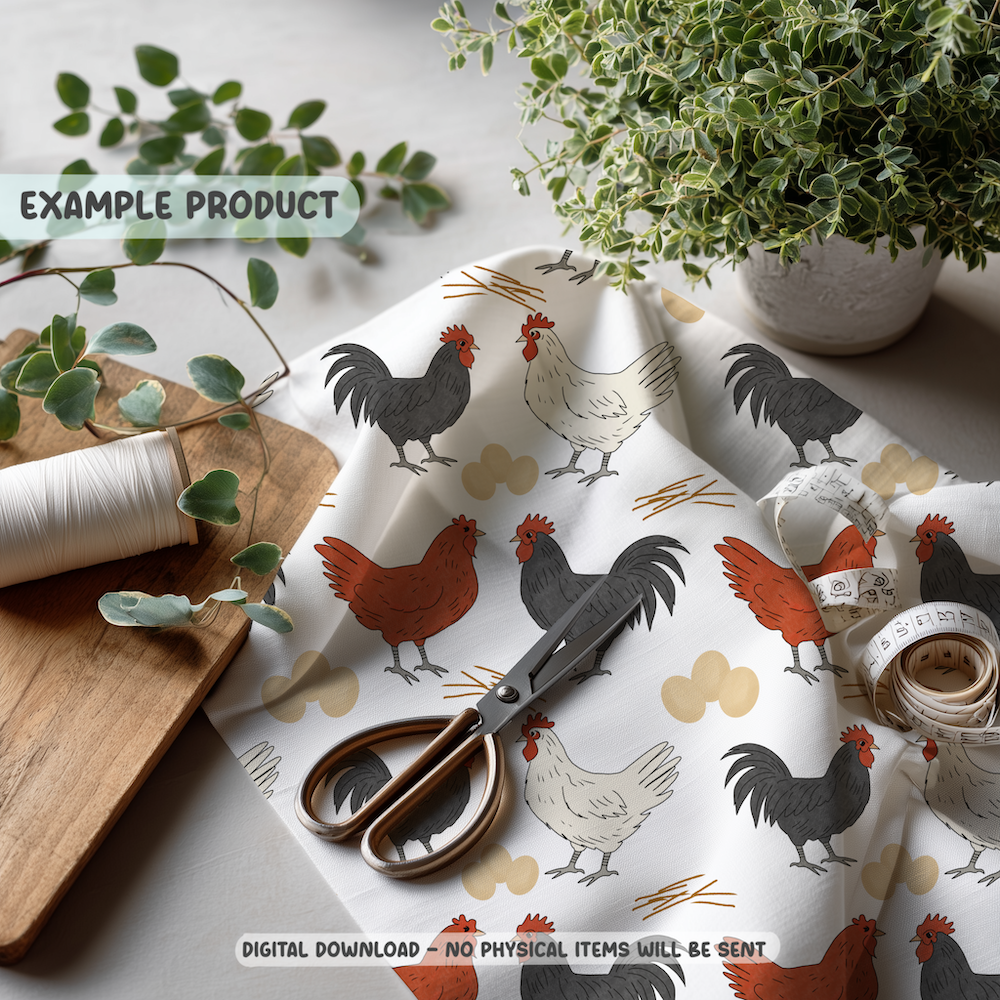 Chicken Farm Seamless Pattern – Rustic Roosters, Hens & Eggs Digital Surface Design (PNG) - Image 3