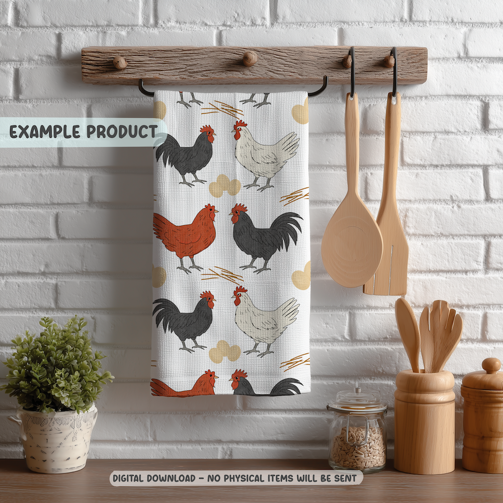 Chicken Farm Seamless Pattern – Rustic Roosters, Hens & Eggs Digital Surface Design (PNG) - Image 2