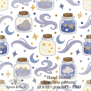 Celestial Jar Seamless Pattern – Moon, Stars & Clouds PNG (Light)