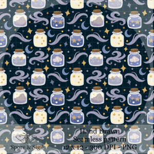 Celestial Night Seamless Pattern – Moon, Stars & Jars PNG (Dark)