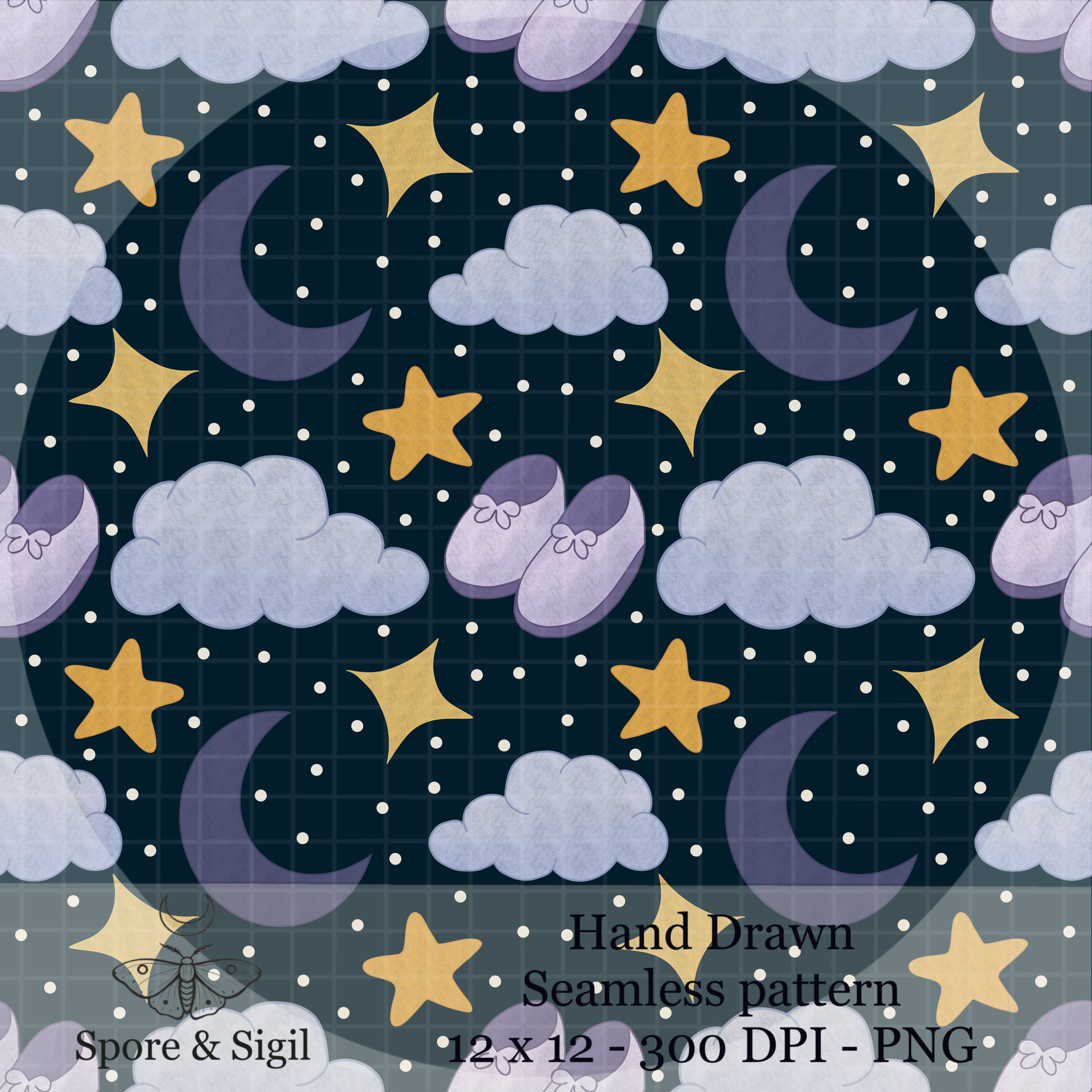 Night Sky Dream Seamless Pattern – Moon, Clouds & Stars PNG