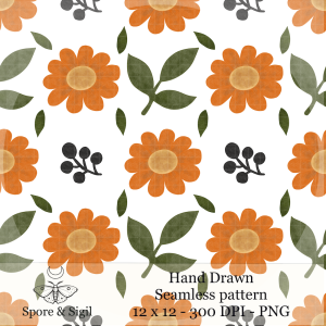 Retro Orange Daisy Seamless Pattern – Botanical Floral Digital Paper (PNG)