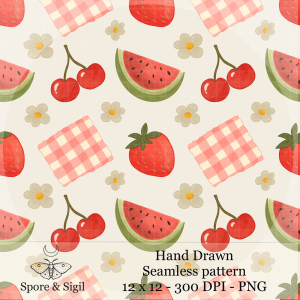 Strawberry Picnic Seamless Pattern – Gingham & Daisy PNG