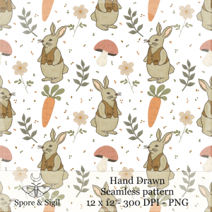 Storybook Rabbit Seamless Pattern – Cottage Garden Bunny Surface Design (PNG)