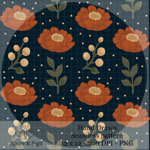 Rustic Red Floral Seamless Pattern – Dark Botanical Surface Design (PNG)